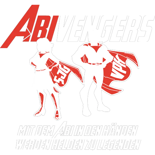 Illustration zweier Superhelden in Rot und Weiß mit dem Text 'Abivengers' und 'Mit dem Abi in den Händen werden Helden zu Legenden'.