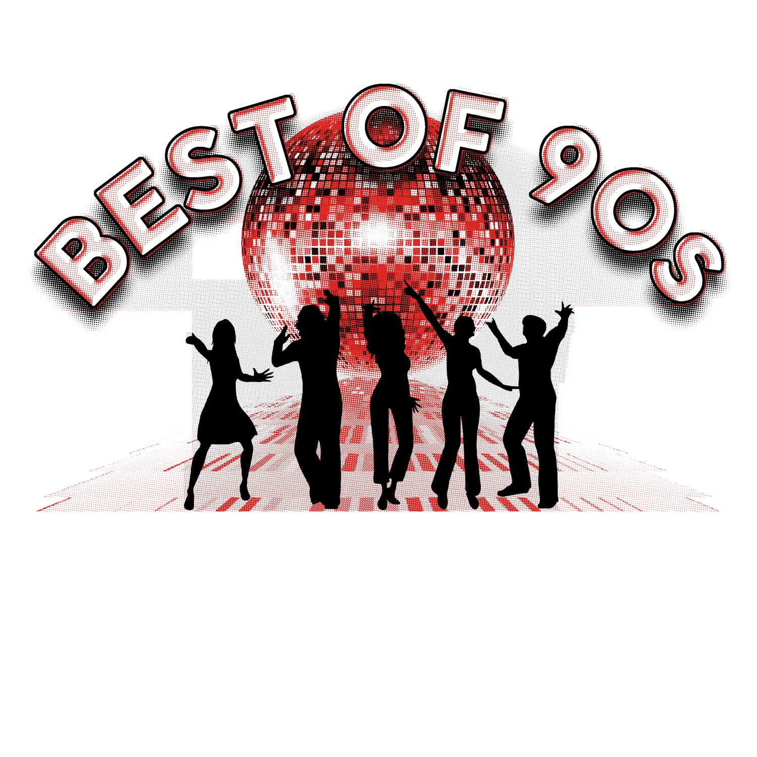 best_of_90s_party_theme Silhouetten von fünf Personen tanzen unter einer Diskokugel mit dem Text "Best of 90s".