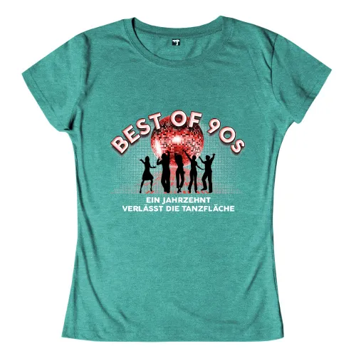 Silhouetten von fünf feiernden Personen unter einer Diskokugel, Text "BEST OF 90s" oben.
