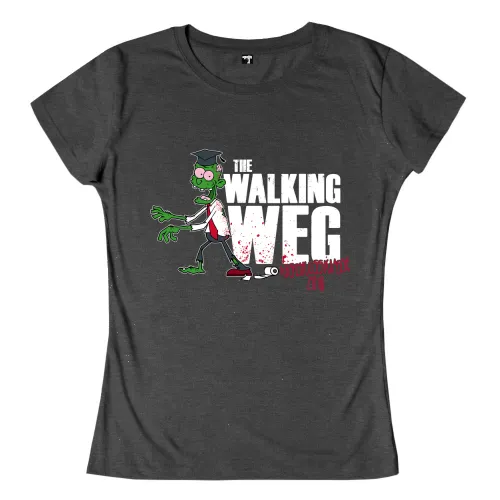Grafik eines grünen Zombies in Abschlusskleidung auf dunklem Hintergrund, Text "The Walking WEG Abiturklasse 2018".