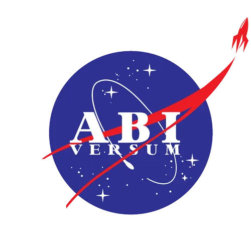 Logo mit blauem Kreis, Sternen und roter Rakete, Text "ABI VERSUM" in Weiß.