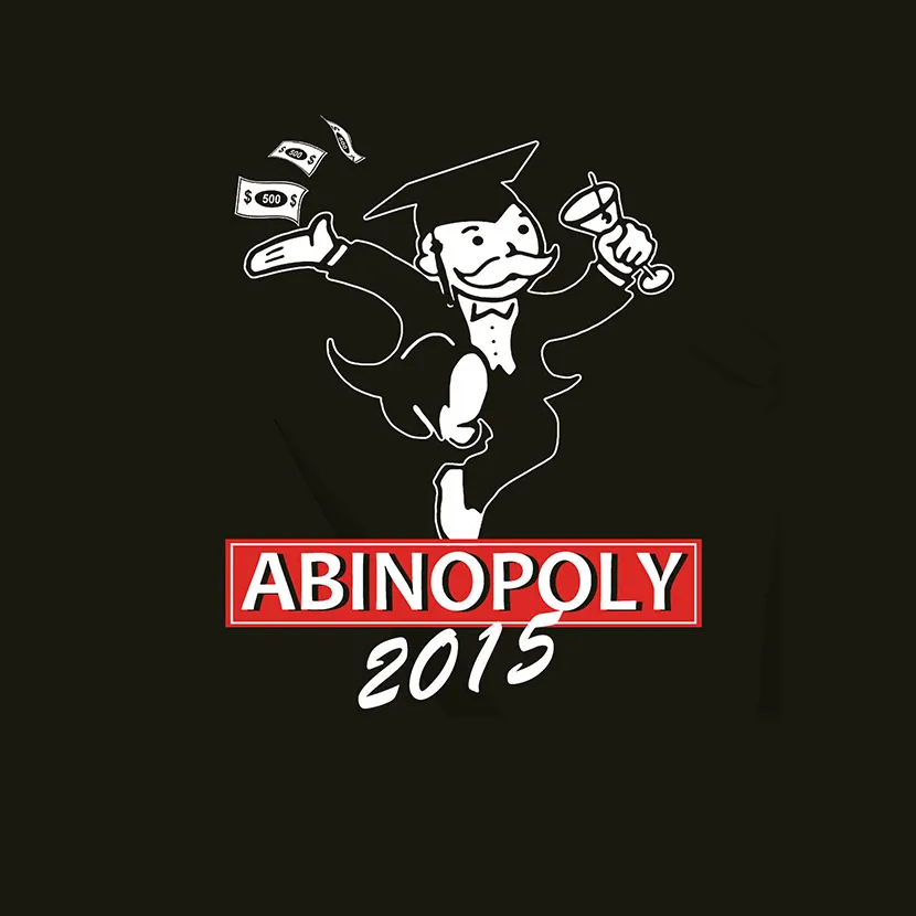 Illustration eines fröhlichen Absolventen, der Geld wirft, auf schwarzem Hintergrund. "ABINOPOLY 2015" in Rot.