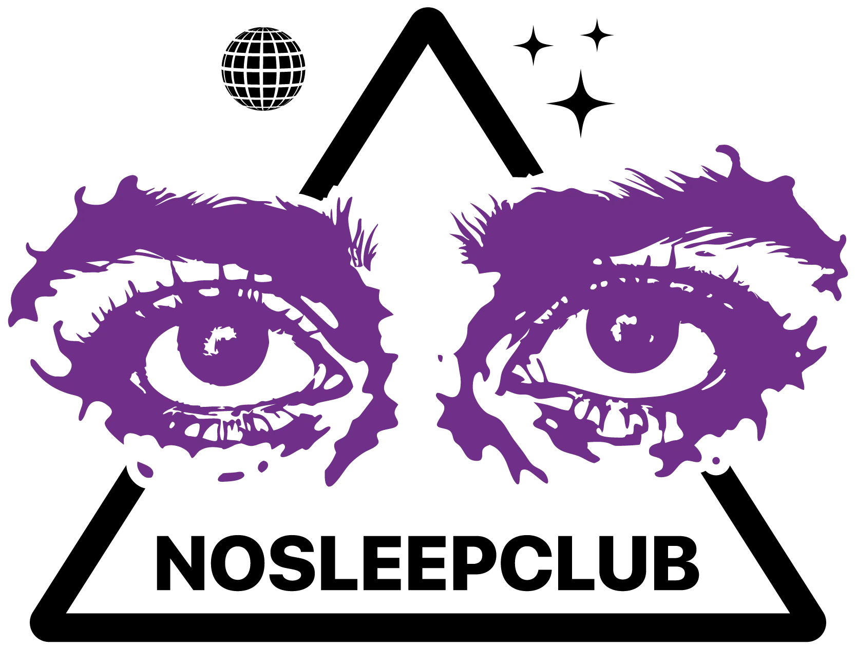 Zwei stilisierte lilafarbene Augen mit Augenbrauen und Wimpern auf schwarzem Hintergrund