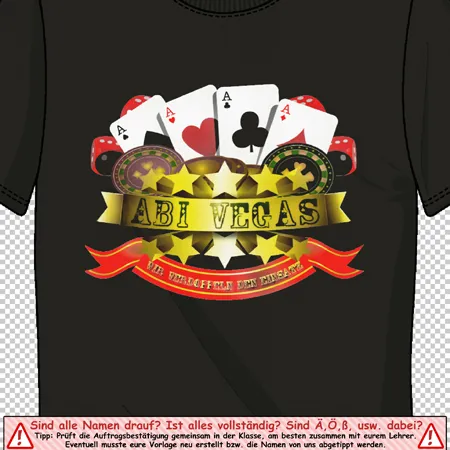 Design eines dunklen T-Shirts mit 'ABI VEGAS' auf einem goldenen Banner, umgeben von Spielkarten und Sternen.
