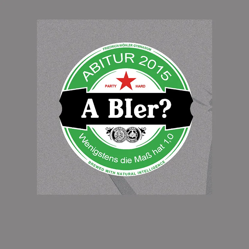 abitur_2015_bier_party_plakat Grünes und schwarzes Plakat zum Abitur 2015 mit Text 'A Bler? Wenigstens die Maß hat 1.0', einem roten Stern und zwei Wappen.