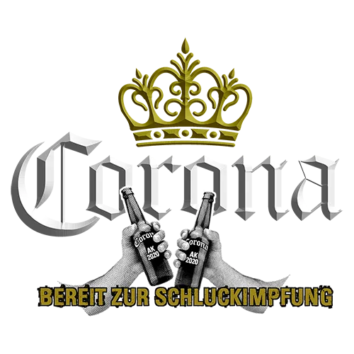 Zwei Hände halten Corona Bierflaschen, überlagert von 3D-Schriftzug "Corona" und Slogan "Bereit zur Schluckimpfung".