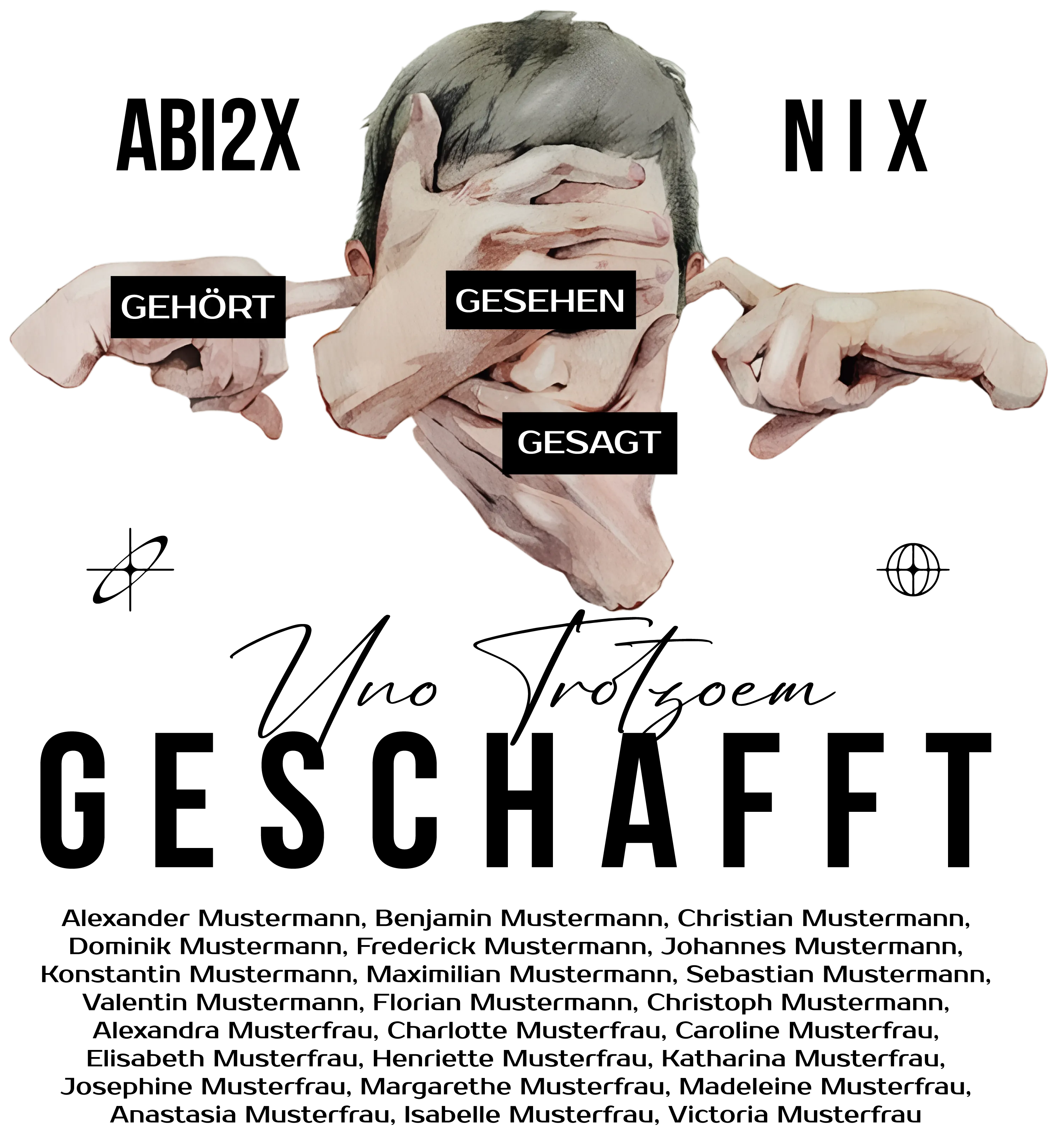 Illustration eines Gesichts mit vier Haenden die Augen Mund bedecken und Finger in den Ohren und Beschriftungen GEHOERT GESEHEN GESAGT
