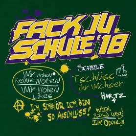 Gelber und lila Text "Fack Ju Goethe" und "Schule 17" auf zerrissenem Hintergrund.