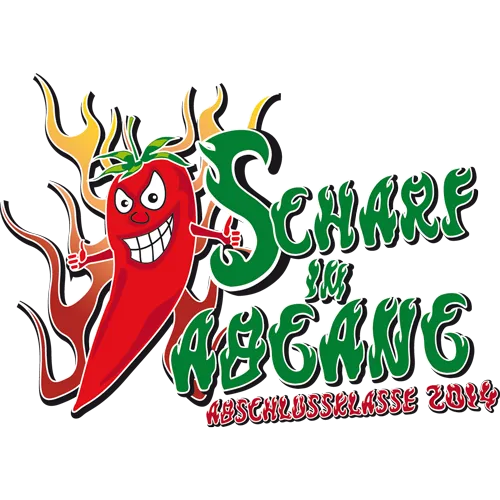 Eine animierte rote Chili mit einem Gesicht und vielen Armen auf einem gelben Hintergrund, Text „Scharf für Abgang - Abschlussklasse 2014“.