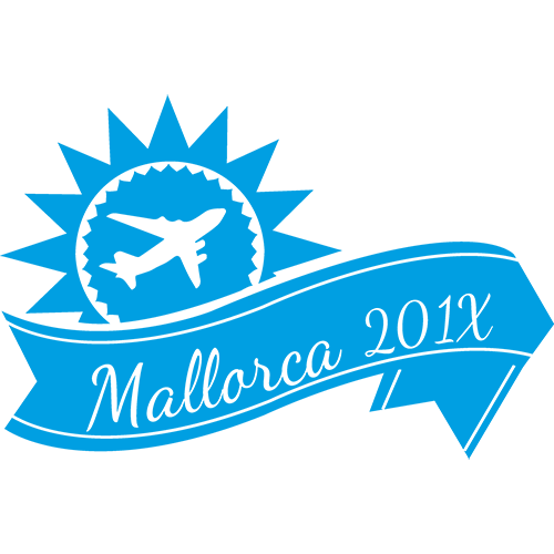 Schwarze Grafik mit einem Flugzeug innerhalb eines Sonnensymbols und dem Text 'Mallorca 201x' auf einem Banner.