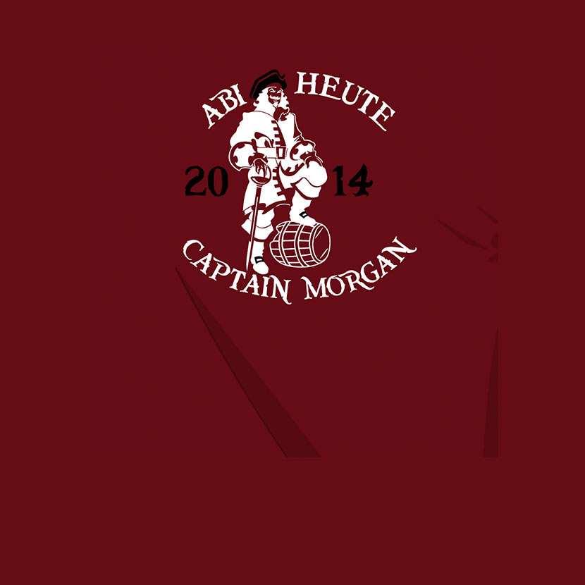Illustration eines Piraten mit Fass auf rotem Grund, Text "ABI HEUTE 2014 CAPTAIN MORGAN"