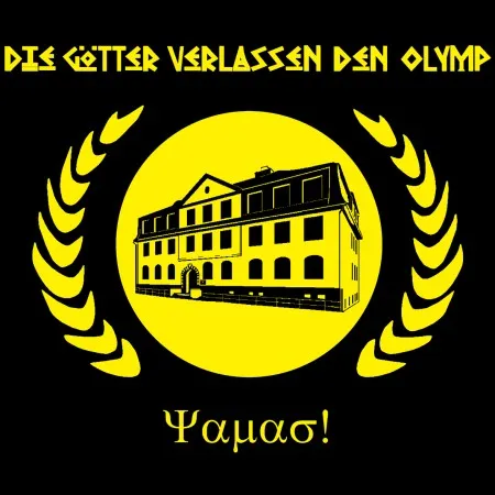 Gelbes Bild mit schwarzem Haus umgeben von Lorbeerkranz und Text "Die Götter verlassen den Olymp".