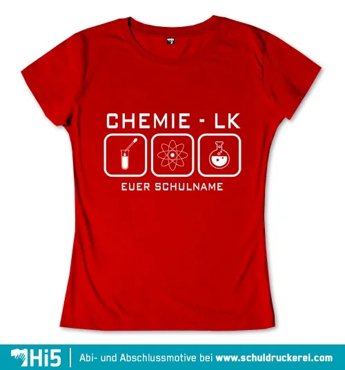Rotes Poster mit Aufschrift 'CHEMIE - LK' und drei Symbolen: Reagenzglas, Atom, Rundkolben.