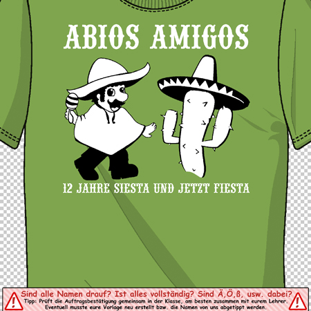 Grünes T-Shirt mit einem maskierten Mann und einem Kaktus in Sombreros, Text "Adios Amigos".
