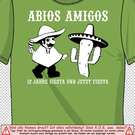 Grünes T-Shirt mit einem maskierten Mann und einem Kaktus in Sombreros, Text "Adios Amigos".
