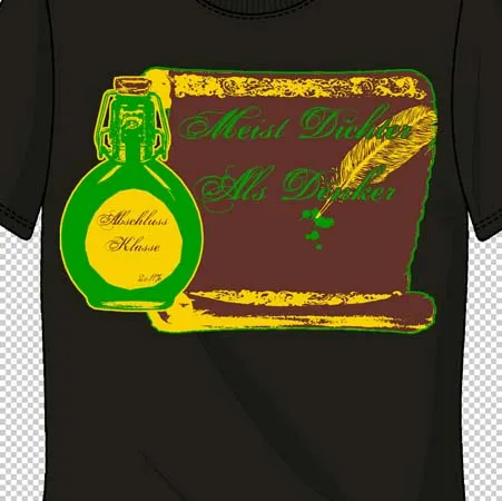 schwarzes_tshirt_mit_schriftzug_und_gruener_flasche Meist Dicher als Denker design