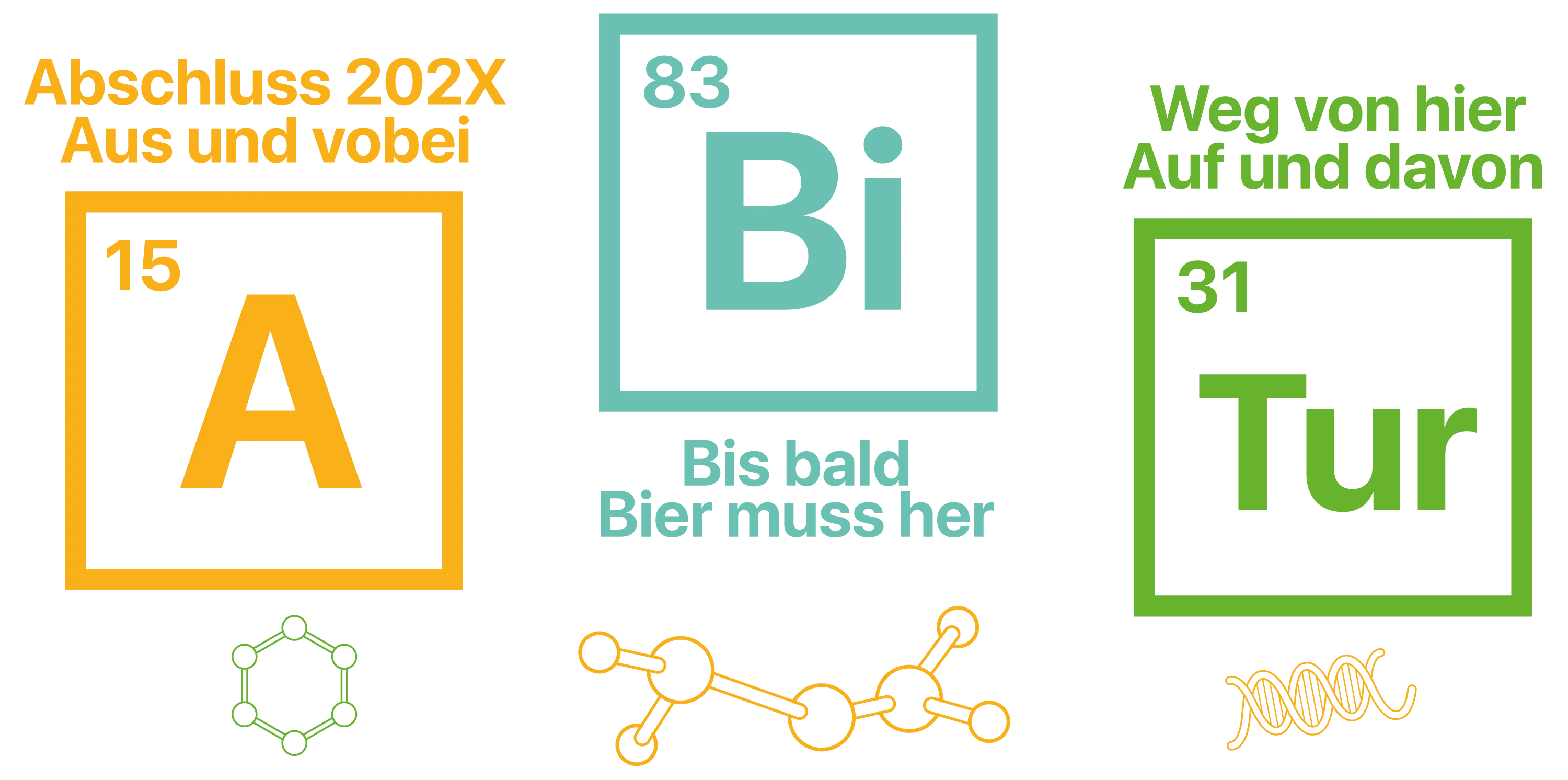Drei farbige Kaestchen als Elementsymbole mit A 15 Abschluss 202X Aus und vorbei Bi 83 Bis bald Bier muss her Tur 31 Weg von hier Auf und davon