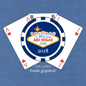 Pokerchip-Design mit 'Welcome to Fabulous ABI VEGAS 2018'-Schriftzug und Spielkarten-Symbolen.