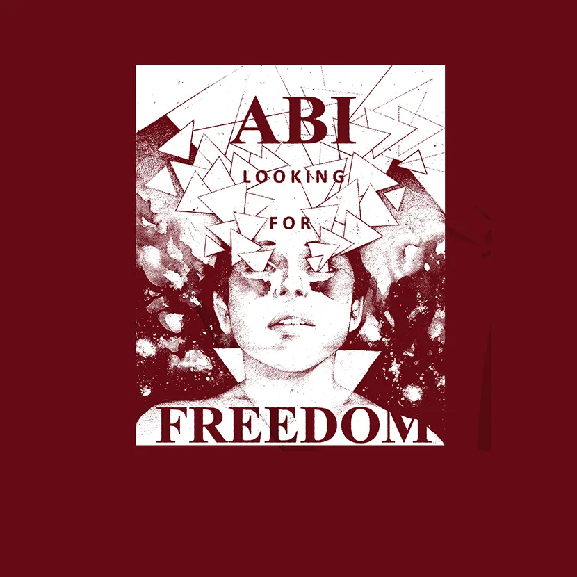 Grafisches Design mit Gesicht und zerbrochenen Textteilen "ABI LOOKING FOR FREEDOM" auf rotem Hintergrund.