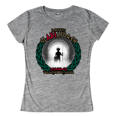 Silhouette eines Gladiators im Torbogen, umgeben von einem Lorbeerkranz und Text auf einem T-Shirt.