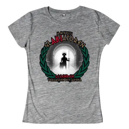 Silhouette eines Gladiators im Torbogen, umgeben von einem Lorbeerkranz und Text auf einem T-Shirt.