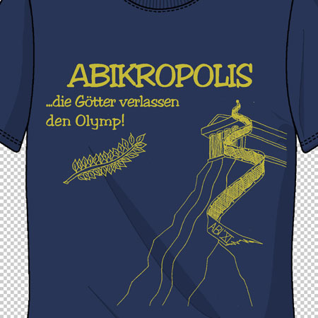 Dunkelblaues T-Shirt mit gelbem Druck: Text "ABIKROPOLIS" und Zeichnung eines antiken Gebäudes auf einem Berg.