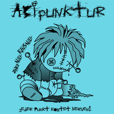 Illustration einer Voodoo-Puppe mit Nadeln, die auf dem Boden sitzt.