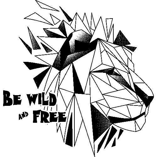 Schwarzer geometrischer Löwenkopf mit Slogan "Be Wild and Free" in Weiß.
