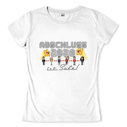 Illustration eines Abschlusses 2020 mit Cartoon-Figuren und Text 'Abschluss 2020 ist Safe!'