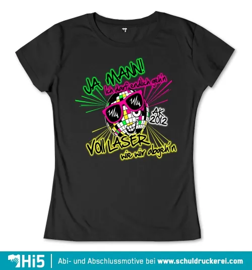 Illustration eines Fußballs mit Sonnenbrille, umgeben von bunten Strahlen und Text „Ja Mann! Voll Laser wie wir abgehen“.