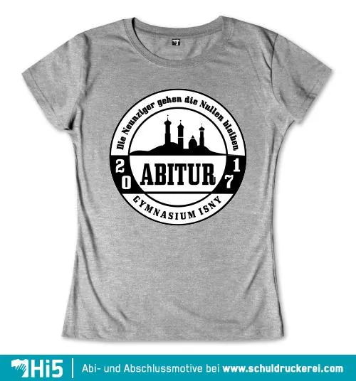 Schwarzes Logo mit Isny Silhouette, Text 'Abitur Gymnasium Isny 2017', umkreist von 'Die Neunziger gehen die Nullen bleiben'