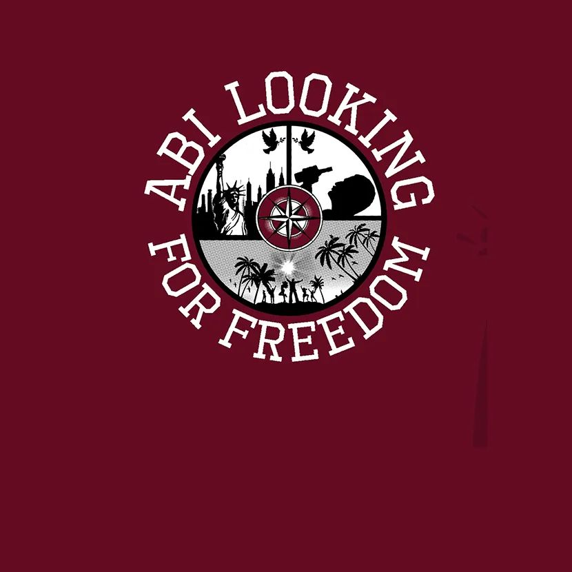 Rundes Logo auf bordeauxrotem Hintergrund mit dem Text "ABI LOOKING FOR FREEDOM" und einem Kompass.