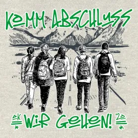Fünf Jugendliche gehen nebeneinander, Rückenansicht, in Schwarz-Weiß gehalten, über Text "KOMM ABSCHLUSS - WIR GEHEN! '20*".