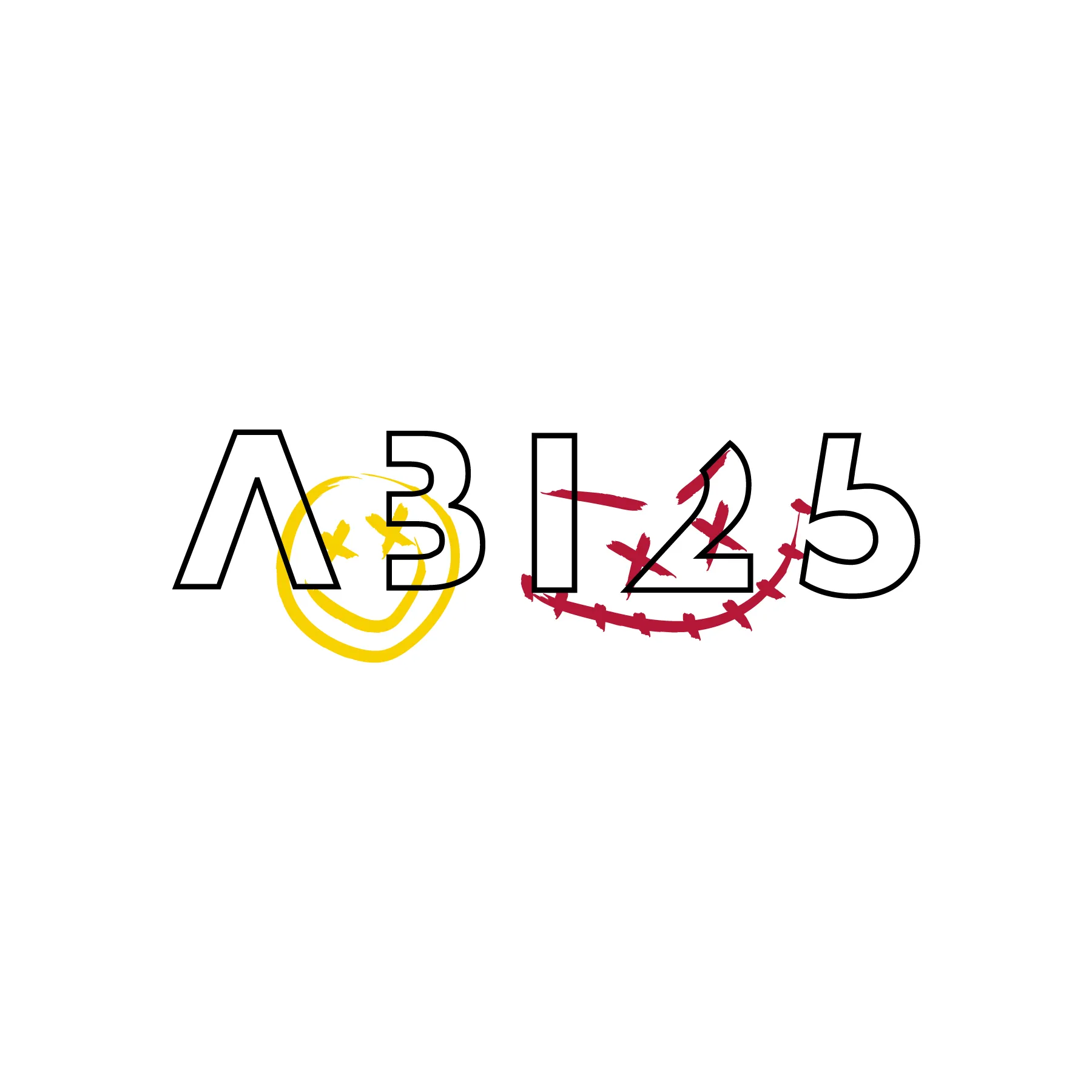 Umrisstext AB125 auf weissem Grund mit gelber gezeichneter Smiley Kontur hinter AB und rotem gezeichnetem Laecheln hinter 125