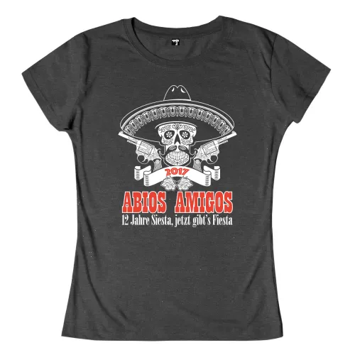 Design mit einem mexikanischen Schädel, der einen Sombrero trägt, Text "Abios Amigos" und Jahreszahl 2017.