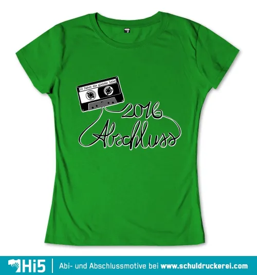 Schwarze Kassette mit Text "10 Jahre die gleiche Leier" auf weißem Hintergrund, darunter "2018 Abschluss" in fließender Schrift.