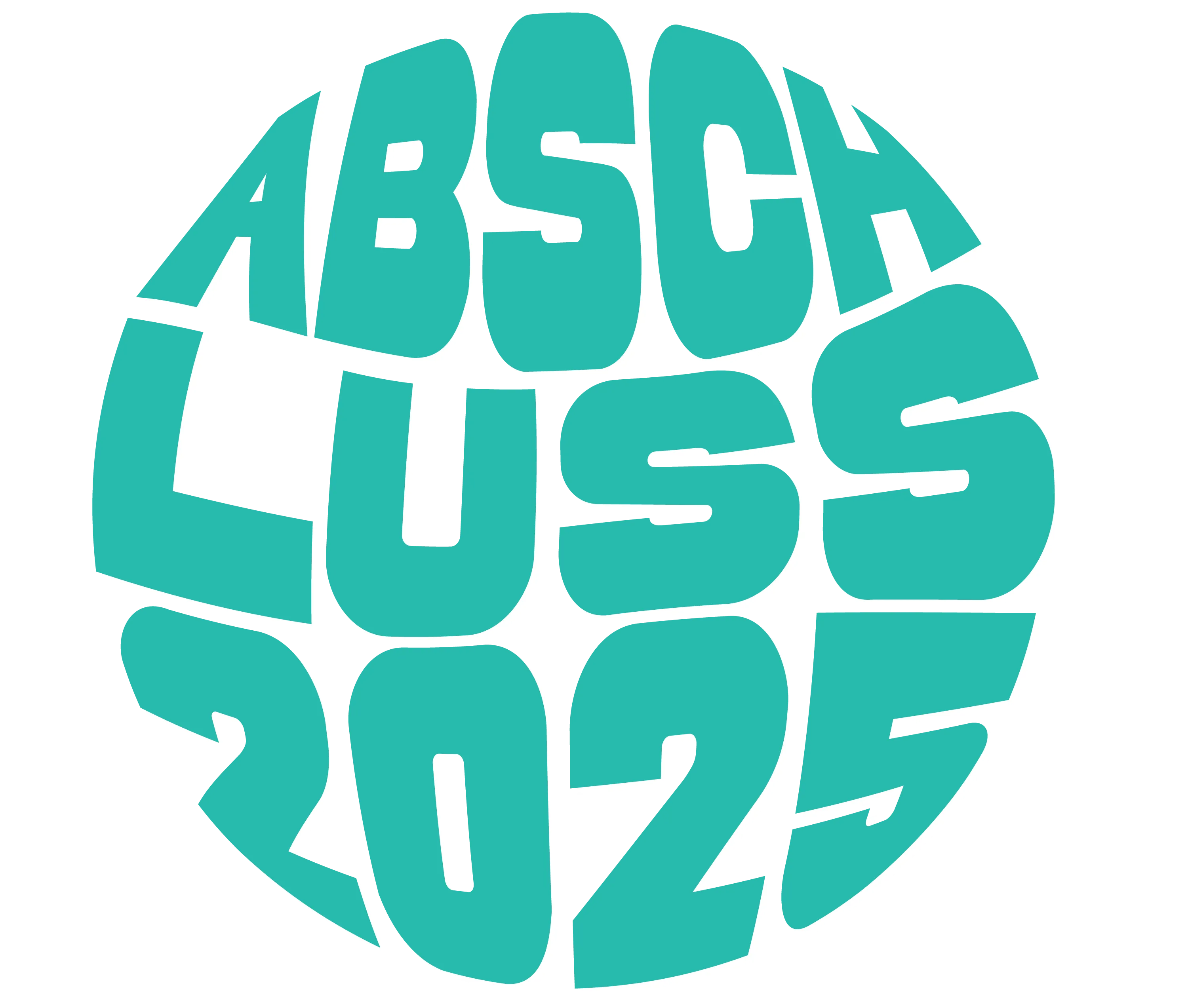 Runde Anordnung des Texts ABSCHLUSS 2025 in gruenblauen Blockbuchstaben auf schwarzem Hintergrund