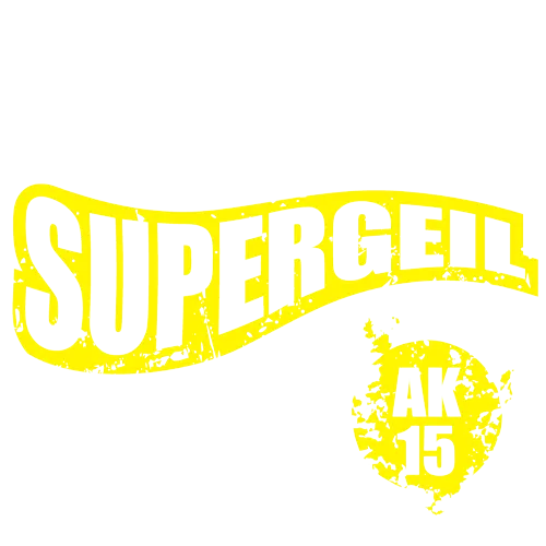 Grafik mit dem Text "Super Abschluss. Super Party. SUPERGEIL AK 15" auf schwarzem Hintergrund.