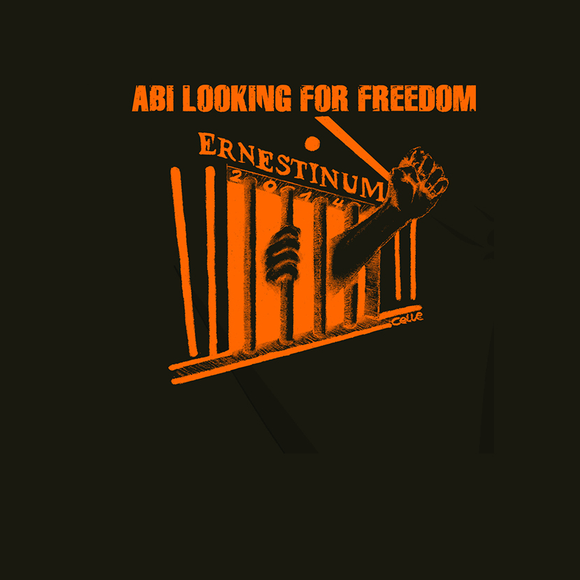 Grafik einer Faust, die zwischen Gitterstäben durchbricht, mit Text "Abi looking for freedom Ernestinum".