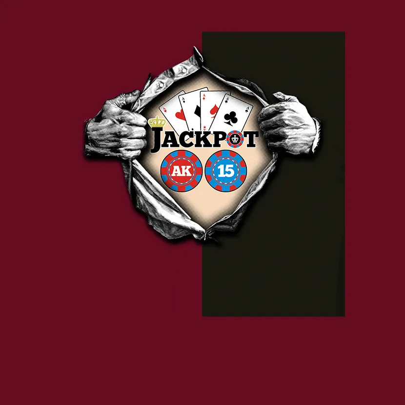 Hände reißen Papier, enthüllen ein Jackpot-Symbol mit Pokerkarten und Chips.