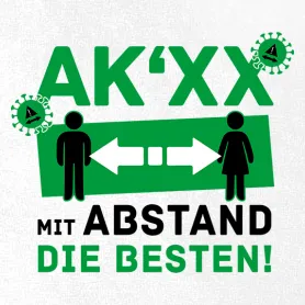 Grafik mit dem Text "Mit Abstand die Besten", zwei Figuren, Pfeilen und Covid-19-Virus.
