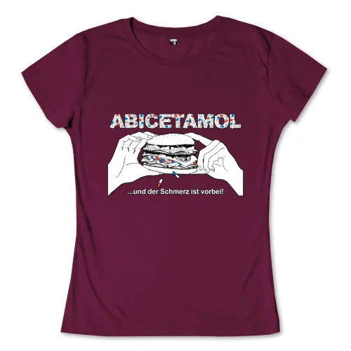 Hände halten einen Burger, der Tabletten enthält, mit Text "ABCETAMOL ...und der Schmerz ist vorbei!".