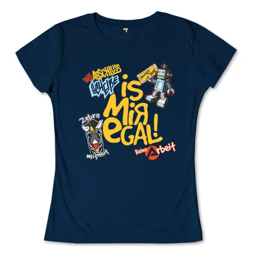 Blauer Hintergrund mit Text "Das Abschluss-Schuljahr is mir egal!" und einem Cartoon-Roboter, der Schilder hält.