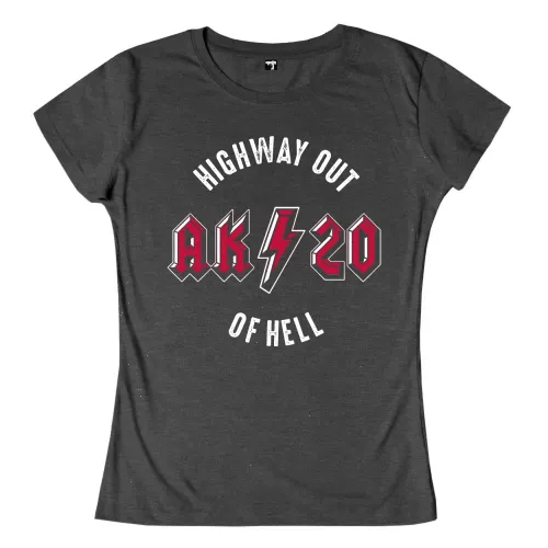 Grafik mit den Worten "HIGHWAY OUT 86420 OF HELL" in einem gestapelten Layout, hauptsächlich in Schwarz und Rot.