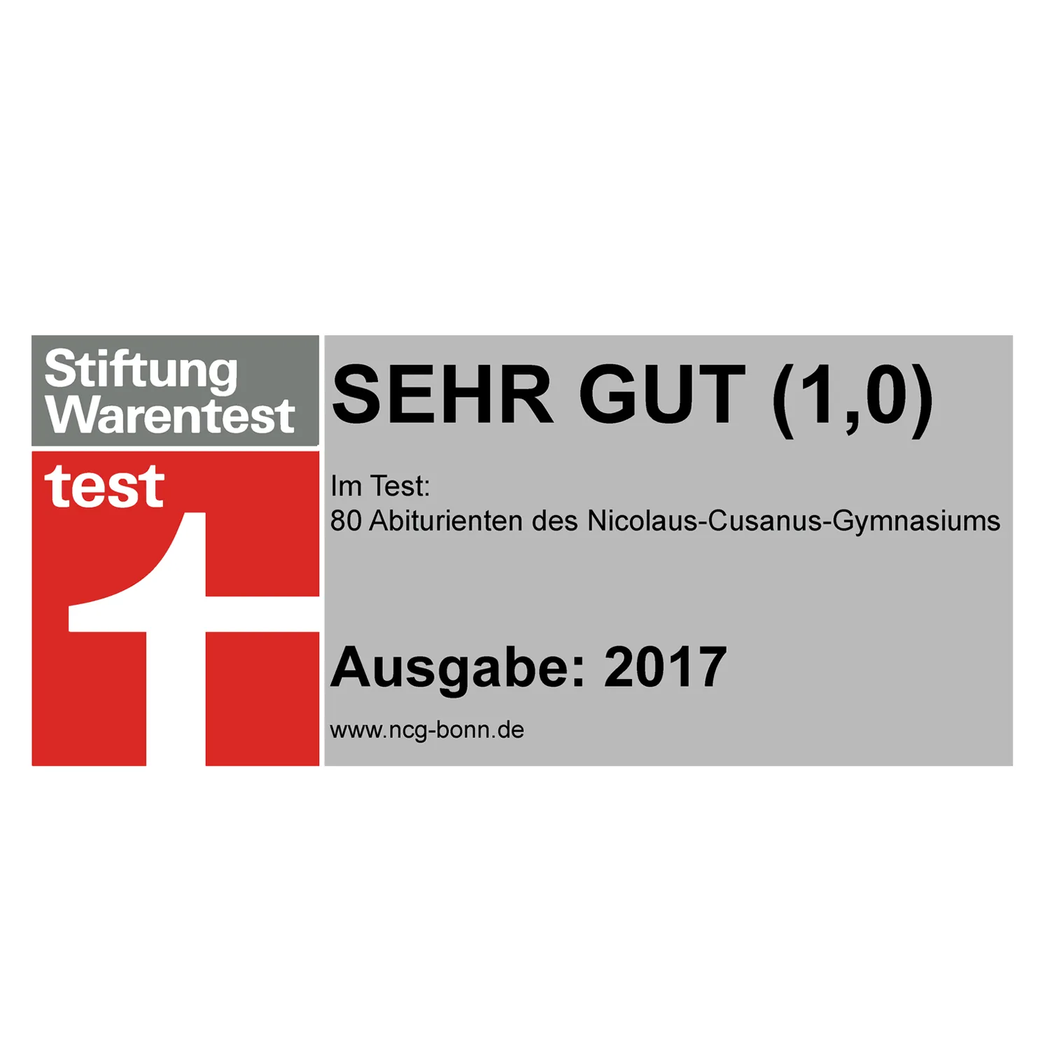 Logo Stiftung Warentest mit Note "SEHR GUT (1,0)" für Nicolaus-Cusanus-Gymnasium 2017.