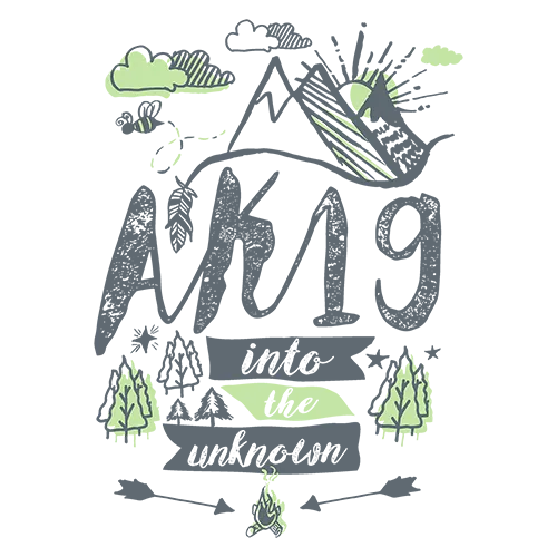 Grafikdesign mit Berg, Bäumen und "AK19 into the unknown" Schriftzug.
