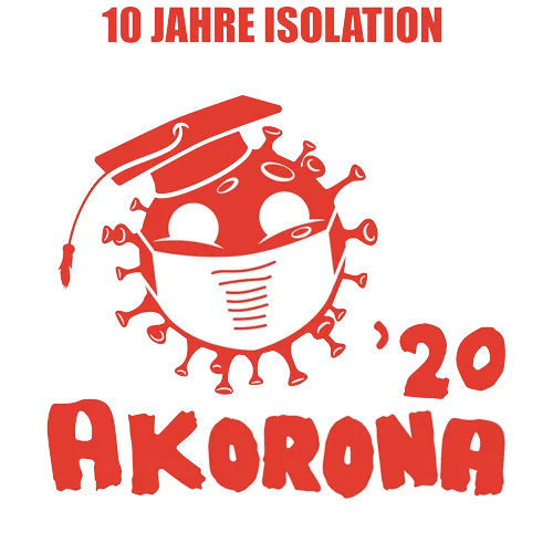 Cartoonartiges Coronavirus mit Absolventenhut und Maske auf dunkelblauem Hintergrund.