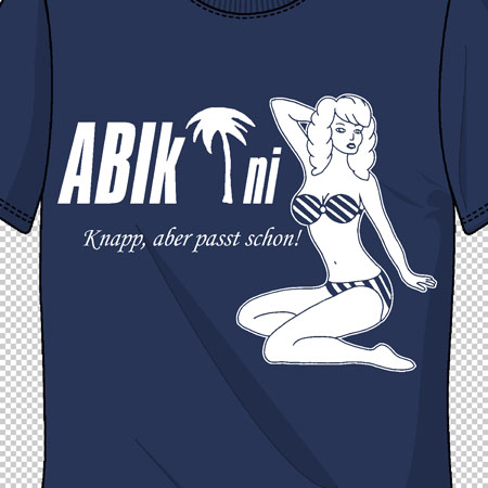 T-Shirt mit Print einer Zeichnung, Pin-up-Frau in Bikini, Text "ABIKini" und Palme.