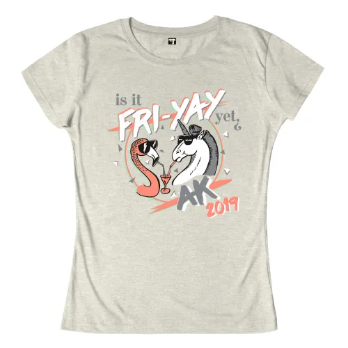 Grafik mit Einhorn und Schlange, die gemeinsam ein Getränk teilen, Text "Is it FRI-YAY yet?" und "AK 2019".
