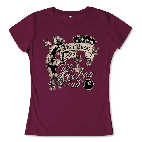 Illustration mit Pin-up-Girl, Spielkarten, Würfeln und Spruch "Abschluss 2016 Wir rocken ab" auf lila Hintergrund.